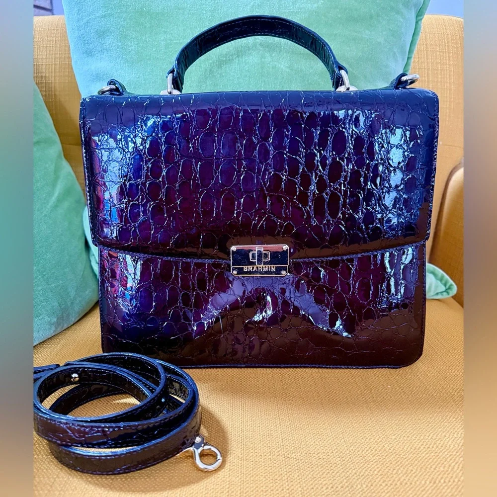 Brahmin Dark Brown Berry Leather Crocodile-Embossed Handbag